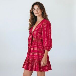 Elan Mini Dress Tie Front Tiered Skirt Red and Gold V-Neck 3/4 Sleeve Elastic